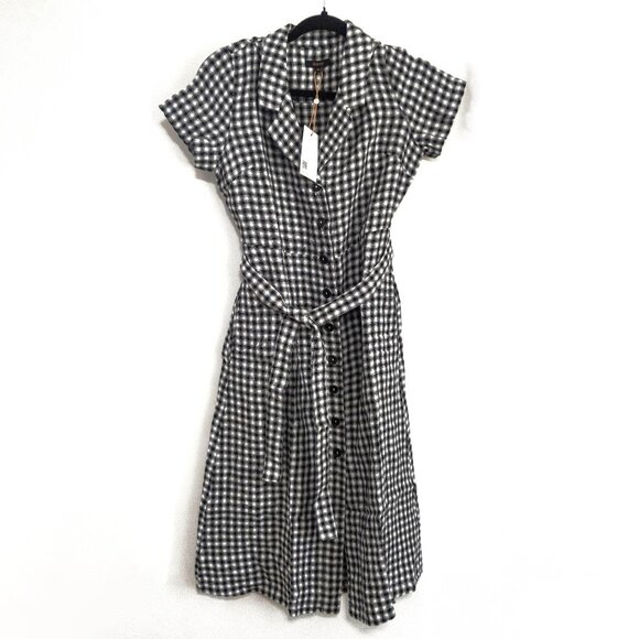 QUINCE XS 100% European Linen Button Front Dress in Classic Gingham Midi Belted - Picture 1 of 6